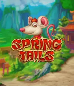 A charming illustration of a mouse wearing a red traditional Chinese outfit standing in a scenic mountain backdrop. The image is for the Spring Tails Slot by Betsoft, showcased with bold gold and red logo lettering.